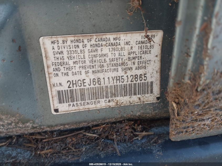 2000 Honda Civic Value Package VIN: 2HGEJ6611YH512865 Lot: 43926819