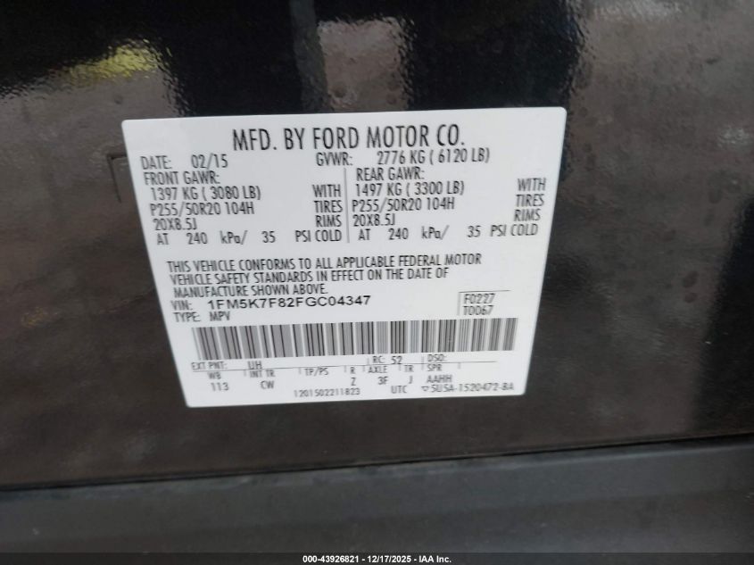 2015 Ford Explorer Limited VIN: 1FM5K7F82FGC04347 Lot: 43926821