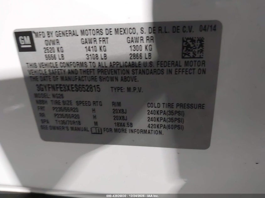 2014 Cadillac Srx Performance Collection VIN: 3GYFNFE3XES652815 Lot: 43926830