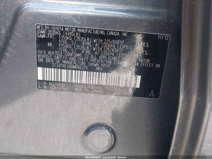 2013 Toyota Rav4 Le VIN: 2T3ZFREV9DW066370 Lot: 43926837