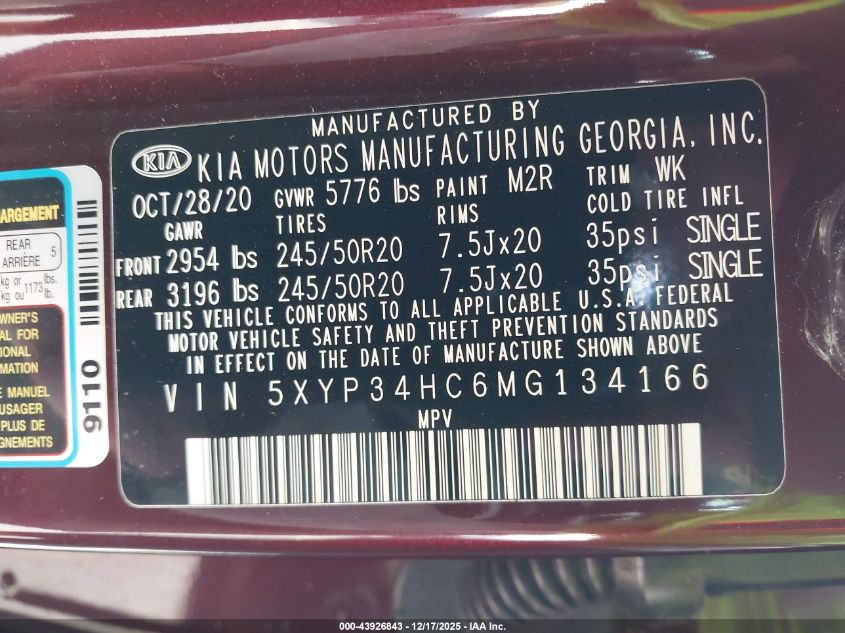 2021 Kia Telluride Ex VIN: 5XYP34HC6MG134166 Lot: 43926843