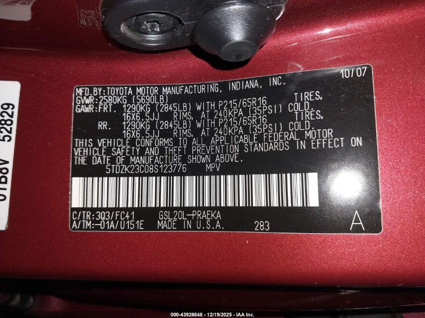 2008 Toyota Sienna Le VIN: 5TDZK23C08S123776 Lot: 43926848