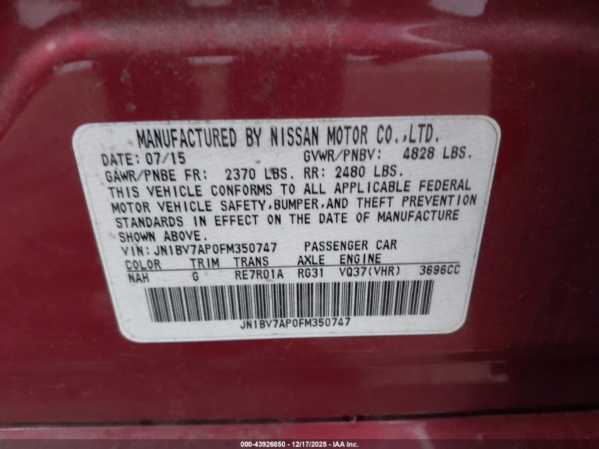 2015 Infiniti Q50 Premium VIN: JN1BV7AP0FM350747 Lot: 43926850