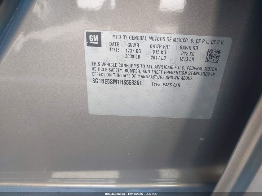 2017 Chevrolet Cruze Lt Auto VIN: 3G1BE5SM1HS558301 Lot: 43926853