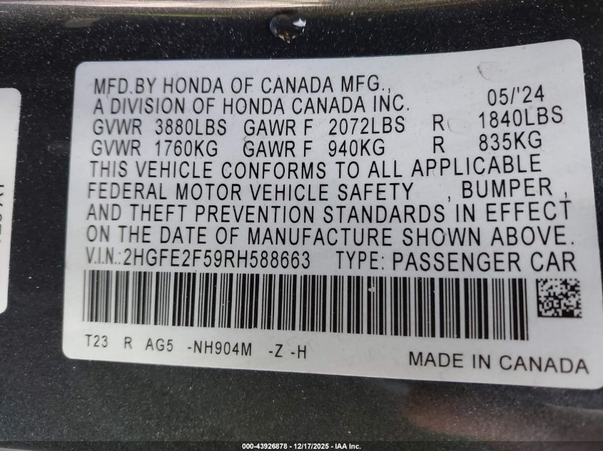 2024 Honda Civic Sport VIN: 2HGFE2F59RH588663 Lot: 43926878