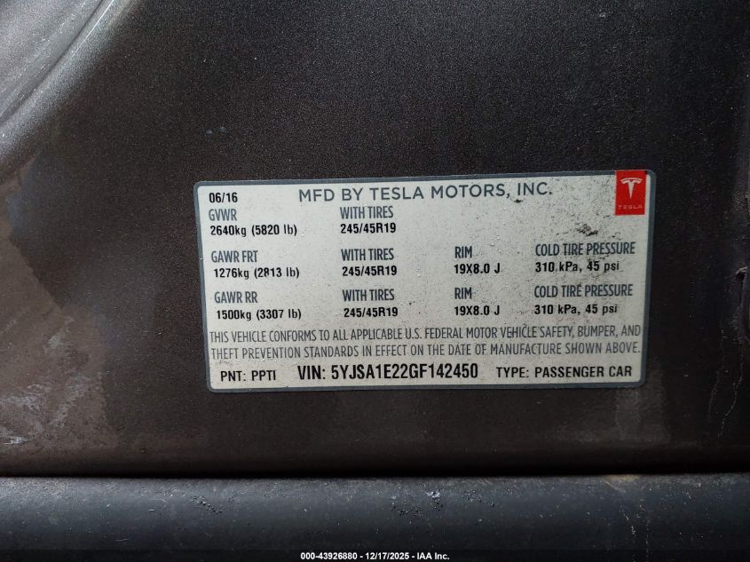 2016 Tesla Model S 60D/70D/75D/85D/90D VIN: 5YJSA1E22GF142450 Lot: 43926880