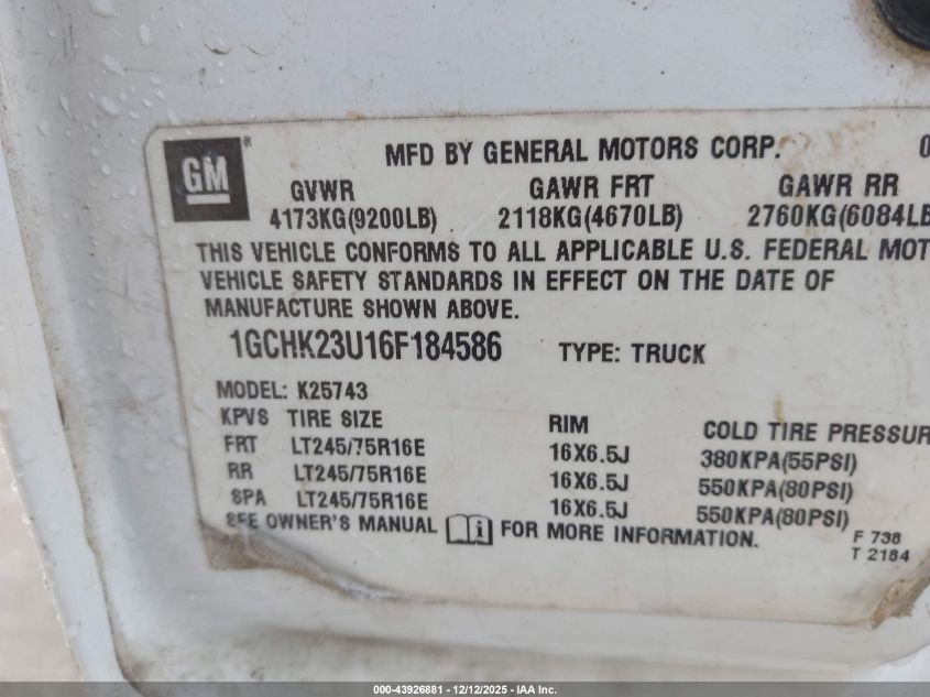 2006 Chevrolet Silverado 2500Hd Work Truck VIN: 1GCHK23U16F184586 Lot: 43926881