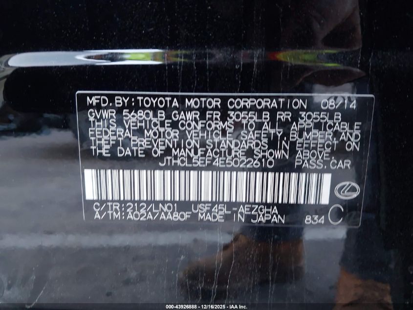 2014 Lexus Ls 460 VIN: JTHCL5EF4E5022610 Lot: 43926888