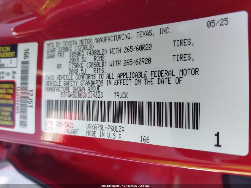 2025 Toyota Tundra Limited VIN: 5TFWA5DB0SX314323 Lot: 43926889