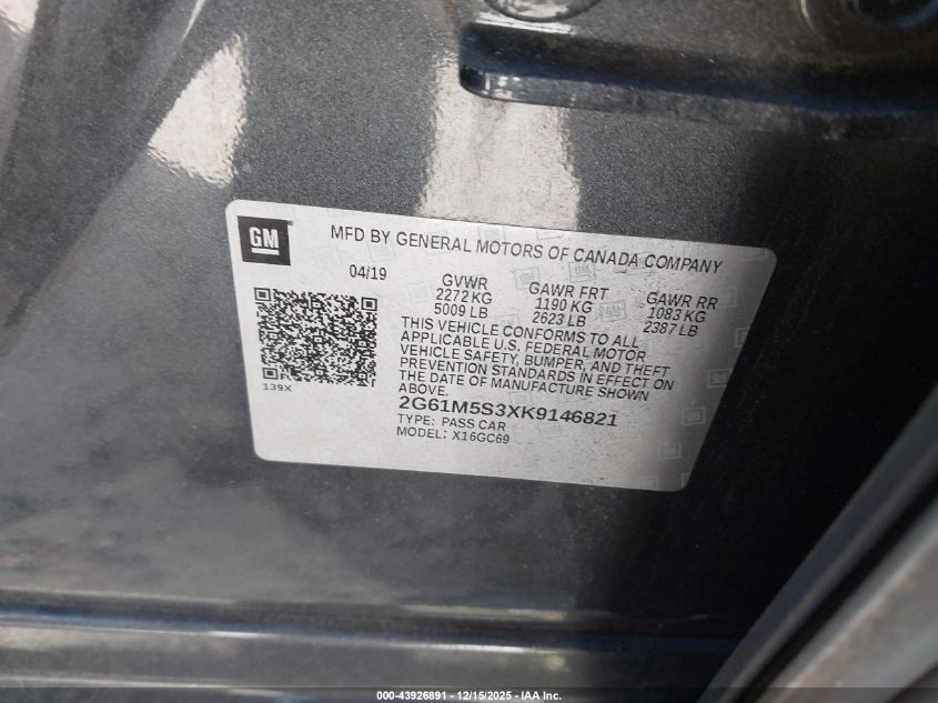 2019 Cadillac Xts Luxury VIN: 2G61M5S3XK9146821 Lot: 43926891