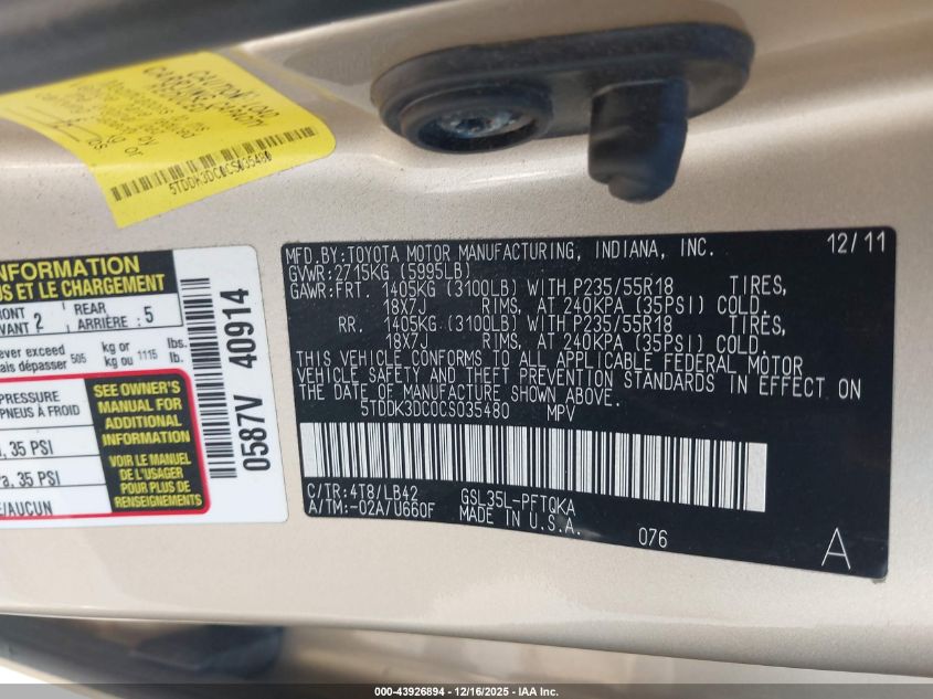 2012 Toyota Sienna Xle 7 Passenger VIN: 5TDDK3DC0CS035480 Lot: 43926894