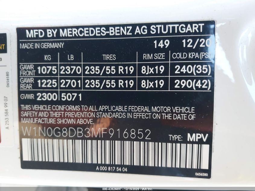 2021 Mercedes-Benz Glc 300 Suv VIN: W1N0G8DB3MF916852 Lot: 43926897