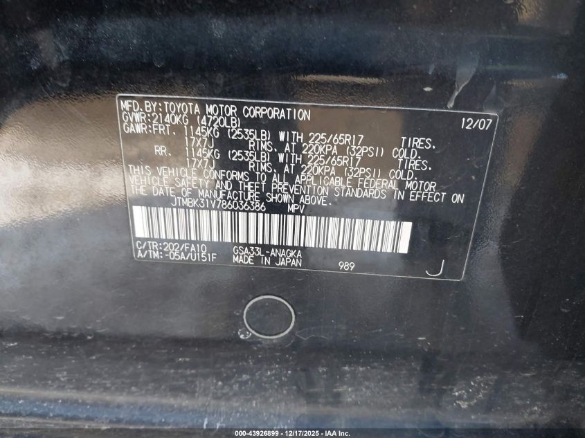 2008 Toyota Rav4 Limited V6 VIN: JTMBK31V786036386 Lot: 43926899