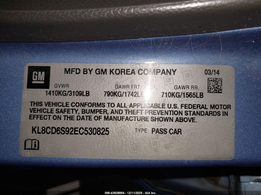 2014 Chevrolet Spark 1Lt Auto VIN: KL8CD6S92EC530825 Lot: 43926904