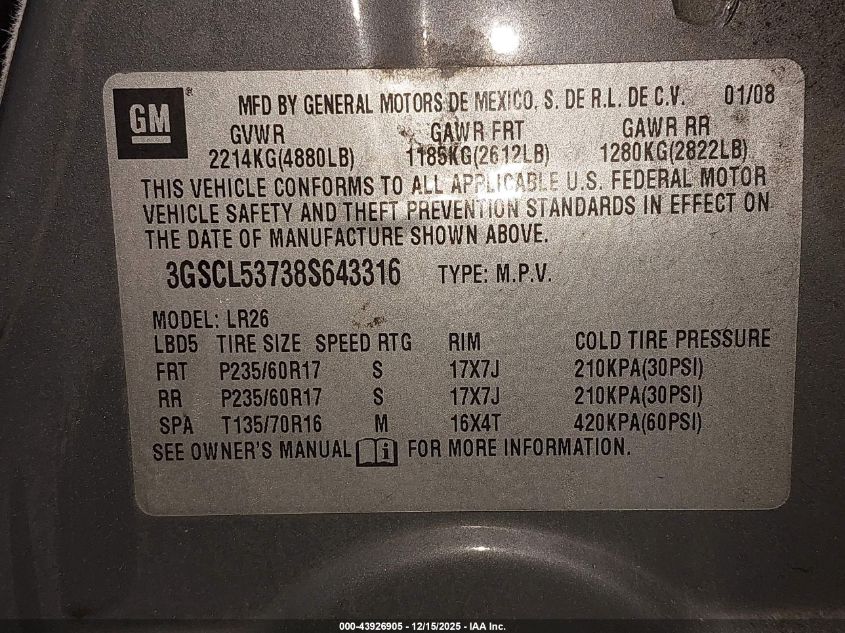2008 Saturn Vue V6 Xr VIN: 3GSCL53738S643316 Lot: 43926905
