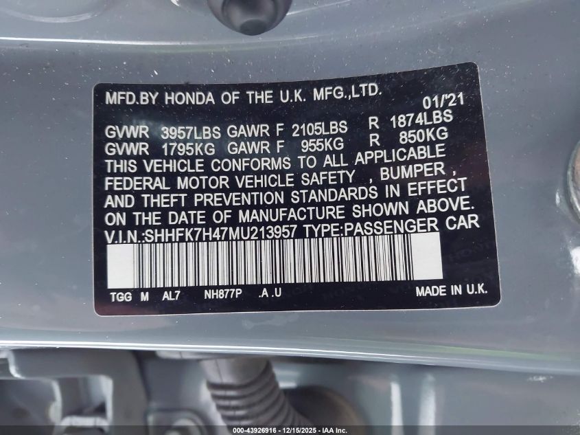 2021 Honda Civic Sport VIN: SHHFK7H47MU213957 Lot: 43926916