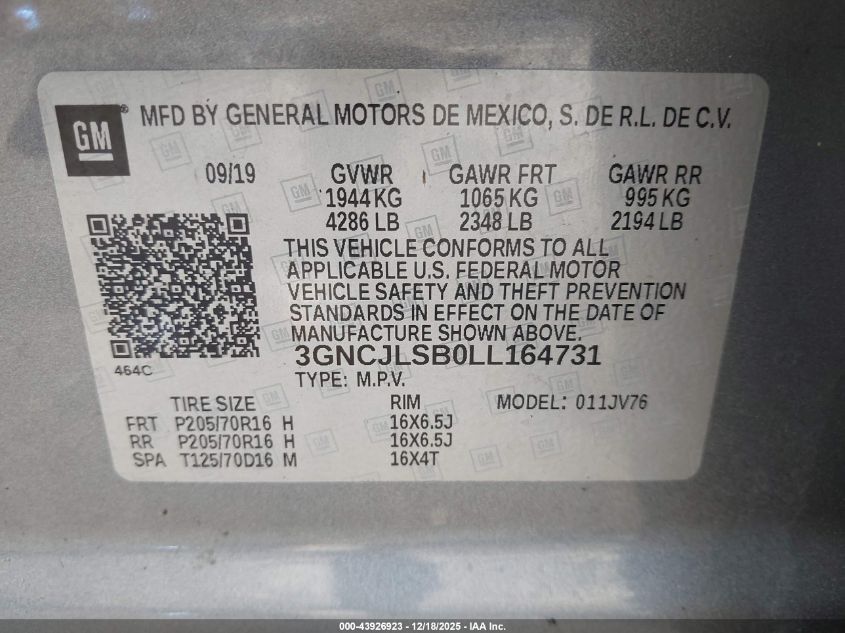 2020 Chevrolet Trax Fwd Lt VIN: 3GNCJLSB0LL164731 Lot: 43926923