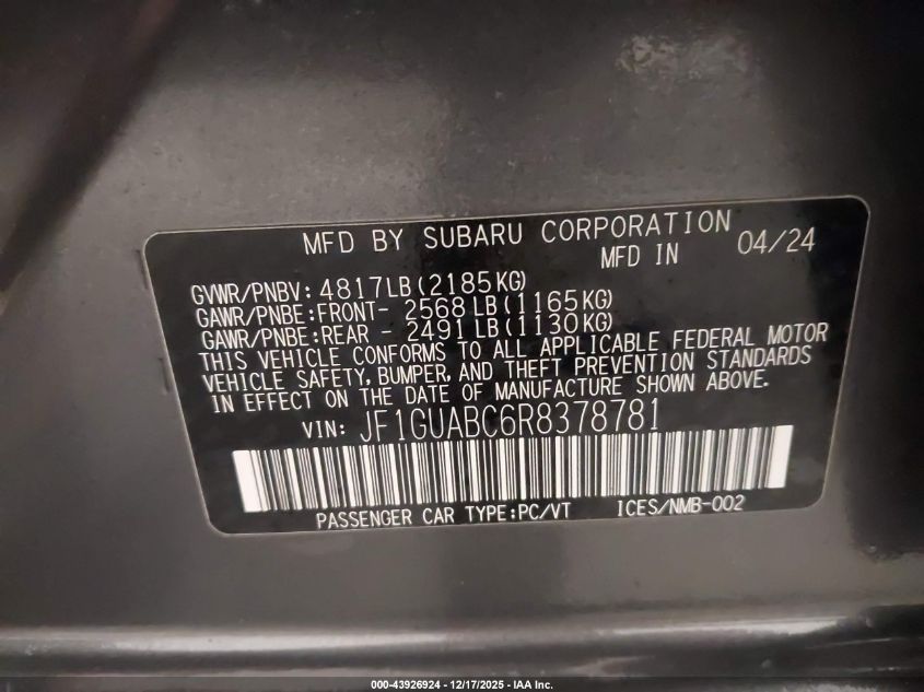 2024 Subaru Impreza Base 5-Door VIN: JF1GUABC6R8378781 Lot: 43926924