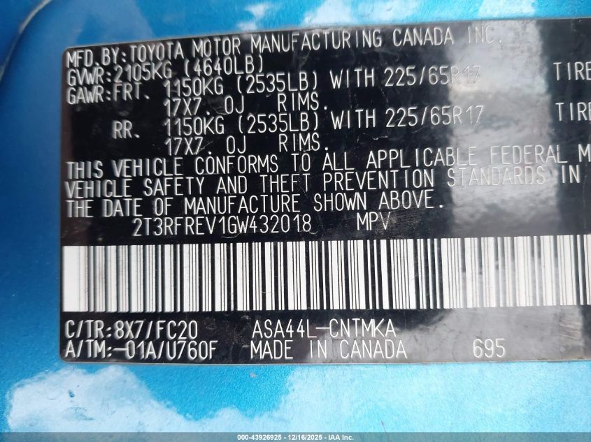 2016 Toyota Rav4 Xle VIN: 2T3RFREV1GW432018 Lot: 43926925