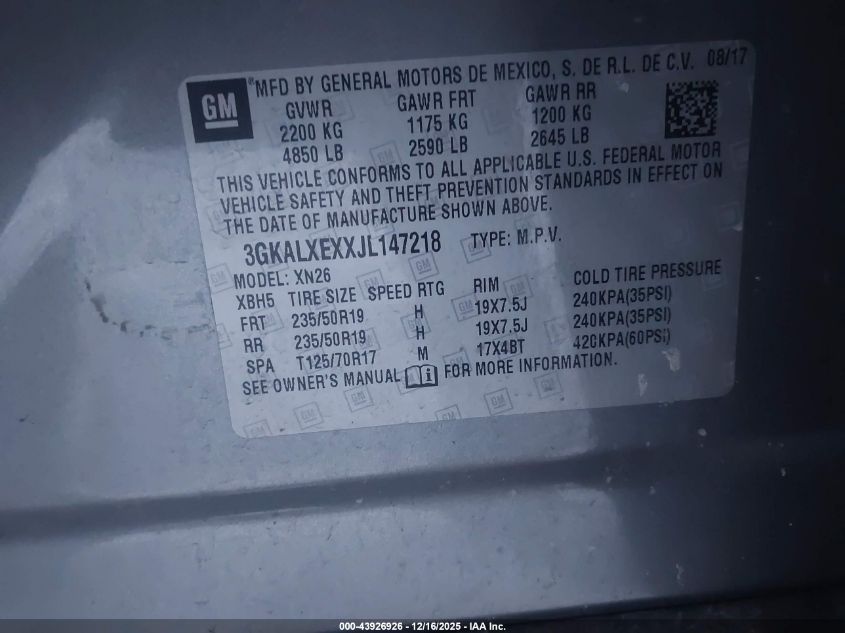 2018 GMC Terrain Denali VIN: 3GKALXEXXJL147218 Lot: 43926926