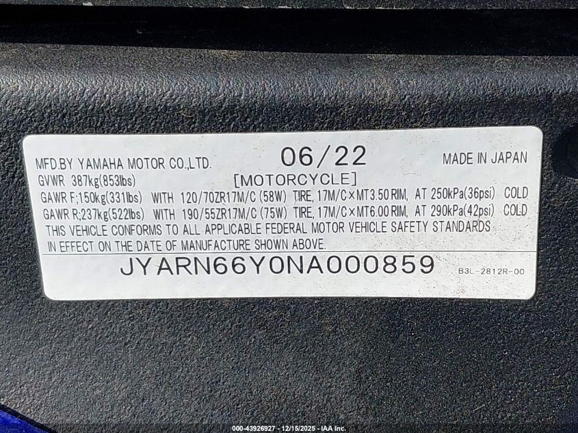 2022 Yamaha Yzfr1 VIN: JYARN66Y0NA000859 Lot: 43926927
