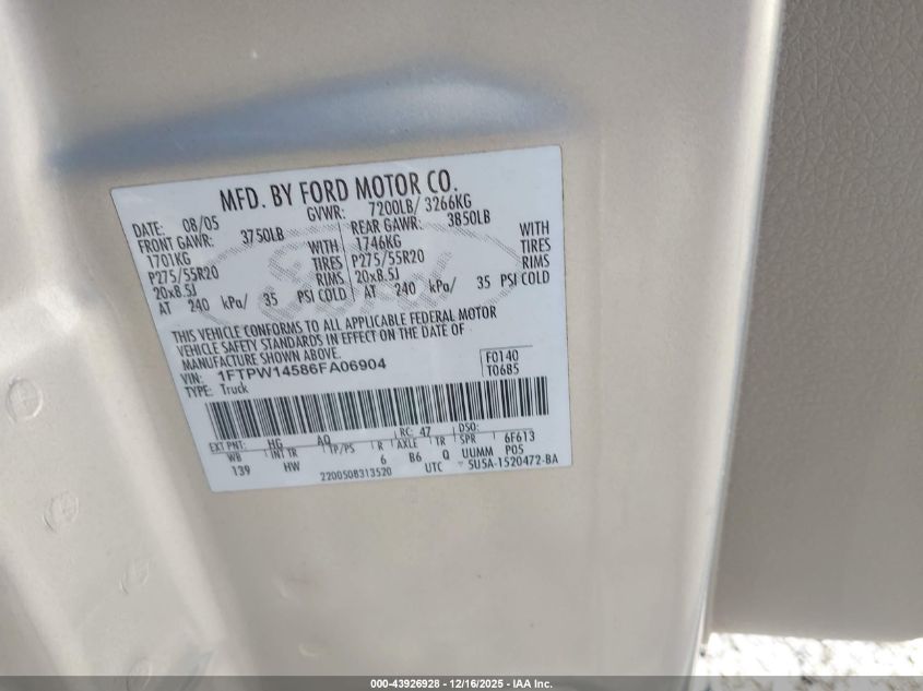 2006 Ford F-150 Fx4/Lariat/Xlt VIN: 1FTPW14586FA06904 Lot: 43926928