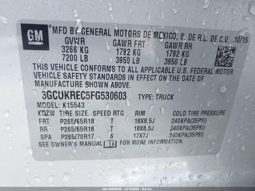 2015 Chevrolet Silverado 1500 2Lt VIN: 3GCUKREC5FG530603 Lot: 43926929