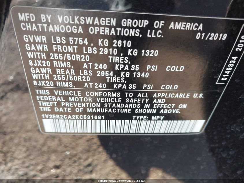 2019 Volkswagen Atlas 3.6L V6 Sel VIN: 1V2ER2CA2KC531681 Lot: 43926942