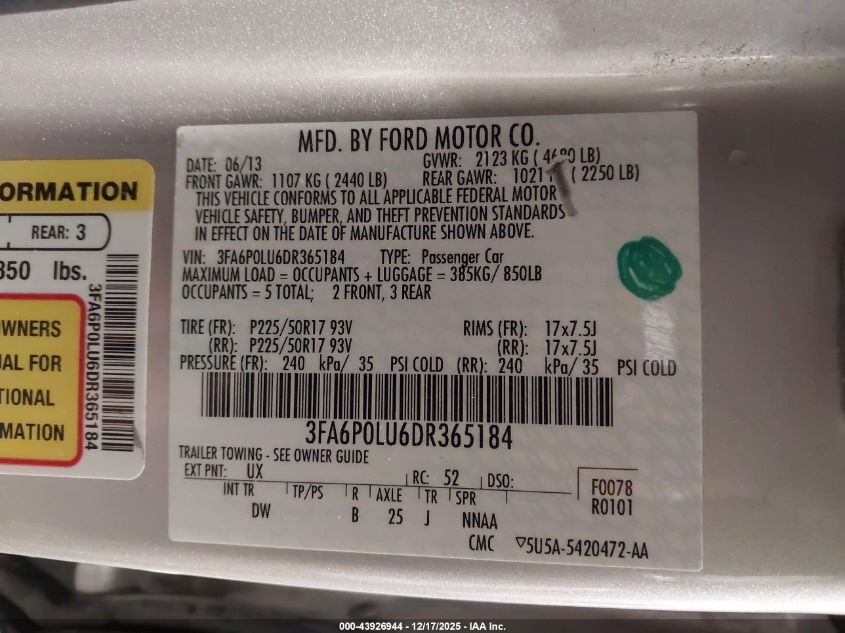 2013 Ford Fusion Hybrid Se VIN: 3FA6P0LU6DR365184 Lot: 43926944