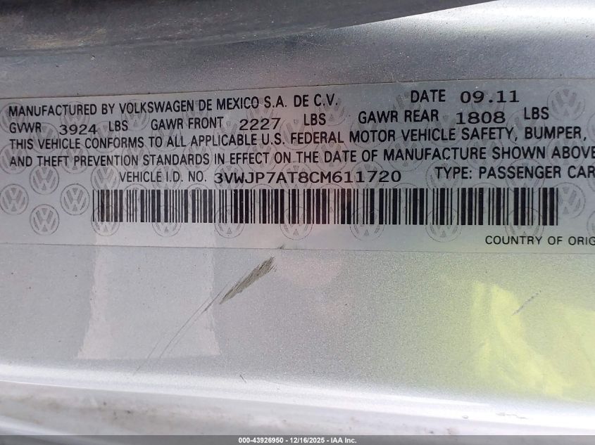 2012 Volkswagen Beetle 2.5L VIN: 3VWJP7AT8CM611720 Lot: 43926950