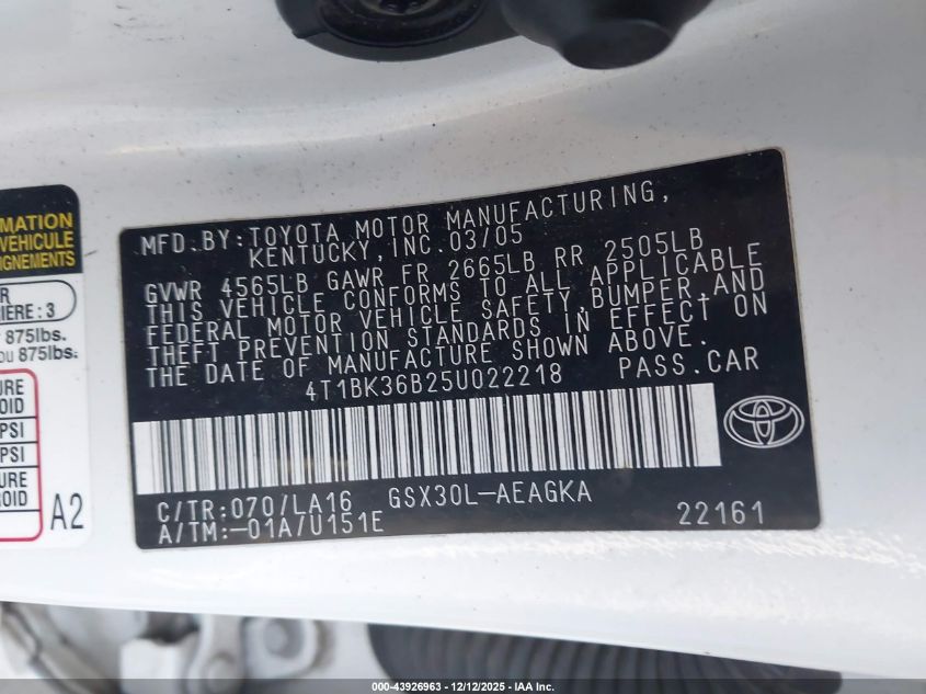 2005 Toyota Avalon Xls VIN: 4T1BK36B25U022218 Lot: 43926963