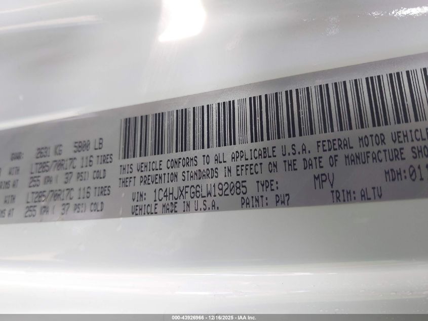 2020 Jeep Wrangler Unlimited Rubicon 4X4 VIN: 1C4HJXFG6LW192085 Lot: 43926966