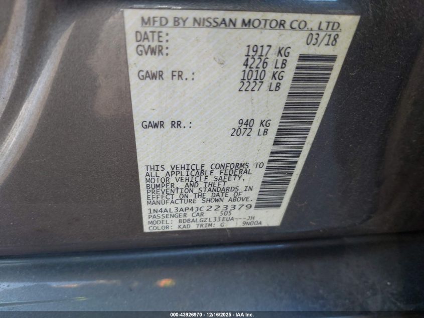 2018 Nissan Altima 2.5 S VIN: 1N4AL3AP4JC223379 Lot: 43926970