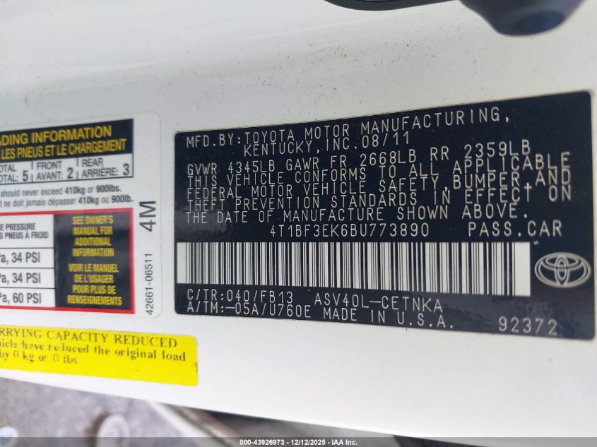 2011 Toyota Camry Le VIN: 4T1BF3EK6BU773890 Lot: 43926973