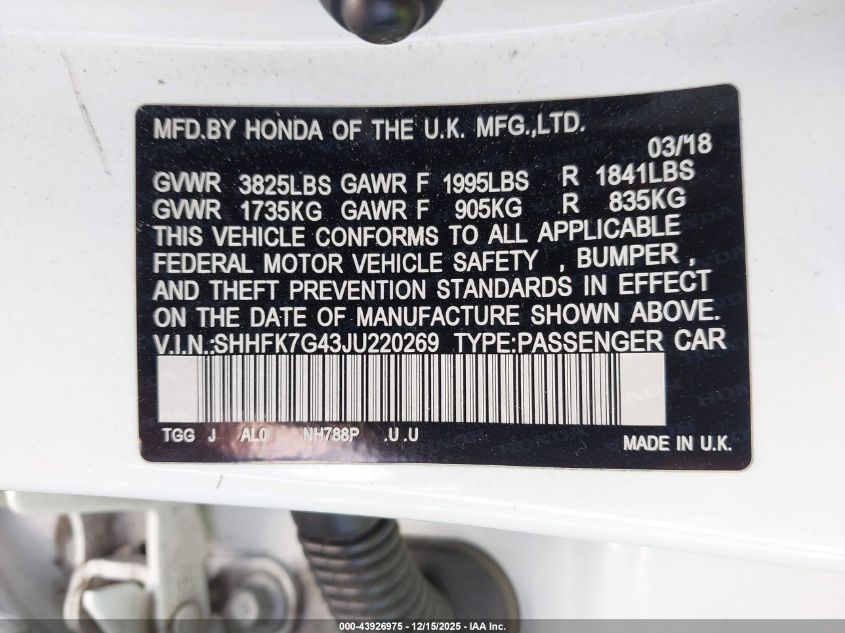 2018 Honda Civic Sport VIN: SHHFK7G43JU220269 Lot: 43926975