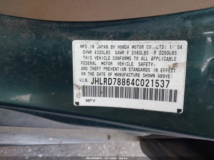 2004 Honda Cr-V Ex VIN: JHLRD78864C021537 Lot: 43926978