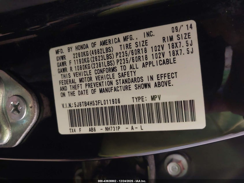 2015 Acura Rdx VIN: 5J8TB4H53FL011906 Lot: 43926982