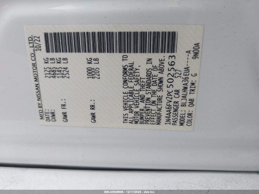 2023 Nissan Maxima Platinum Xtronic Cvt VIN: 1N4AA6FV2PC502563 Lot: 43926986