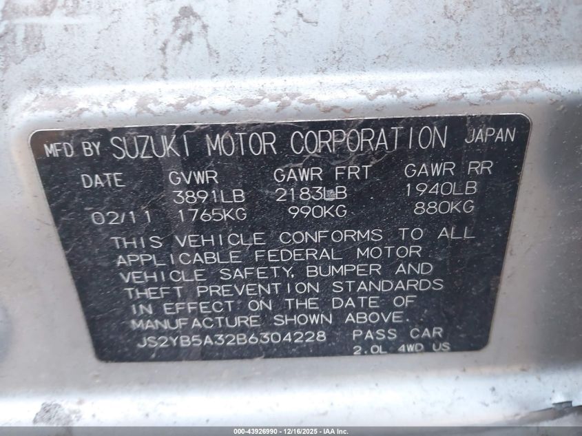 2011 Suzuki Sx4 VIN: JS2YB5A32B6304228 Lot: 43926990