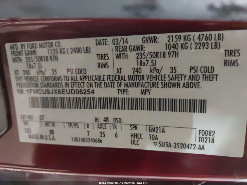 2014 Ford Escape Titanium VIN: 1FMCU9JX6EUD08254 Lot: 43926993