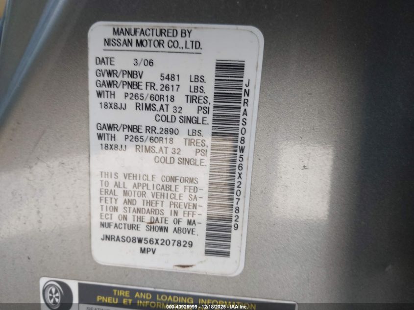 2006 Infiniti Fx35 VIN: JNRAS08W56X207829 Lot: 43926999