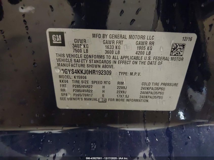 2017 Cadillac Escalade Esv Platinum VIN: 1GYS4KKJ0HR192309 Lot: 43927001