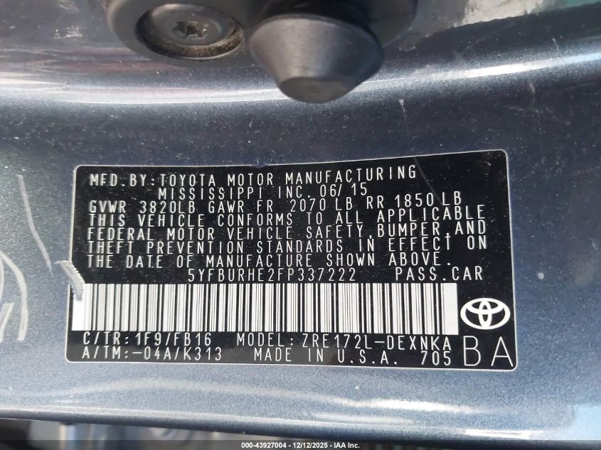 2015 Toyota Corolla Le Plus VIN: 5YFBURHE2FP337222 Lot: 43927004