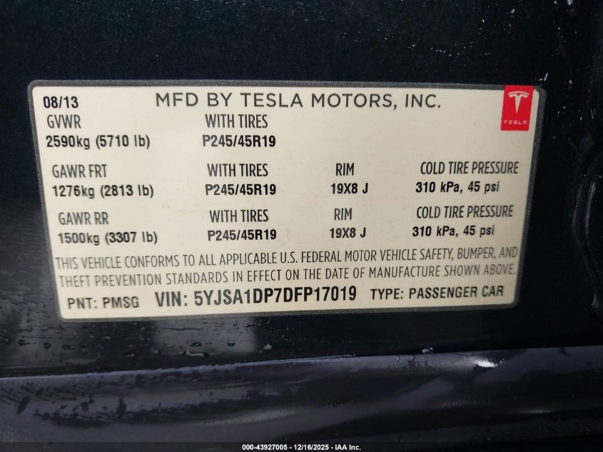 2013 Tesla Model S Performance VIN: 5YJSA1DP7DFP17019 Lot: 43927005