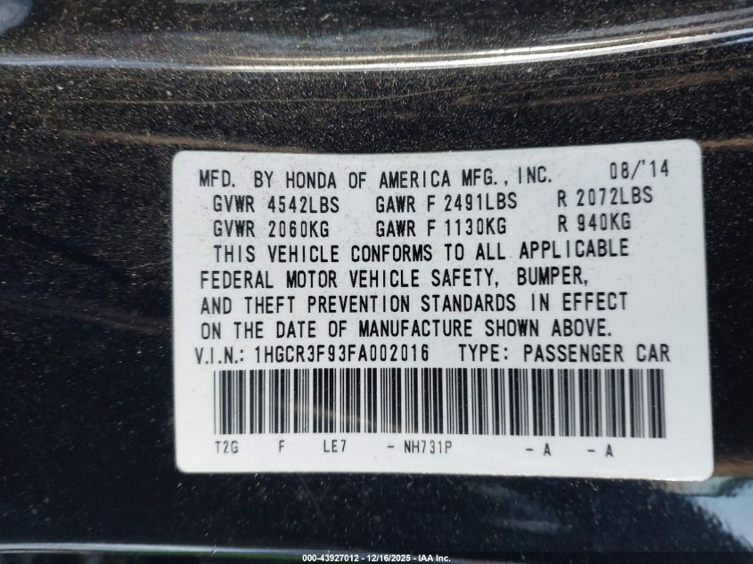 2015 Honda Accord Touring VIN: 1HGCR3F93FA002016 Lot: 43927012