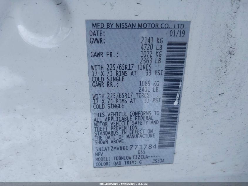 2019 Nissan Rogue Sv VIN: 5N1AT2MV8KC771784 Lot: 43927020