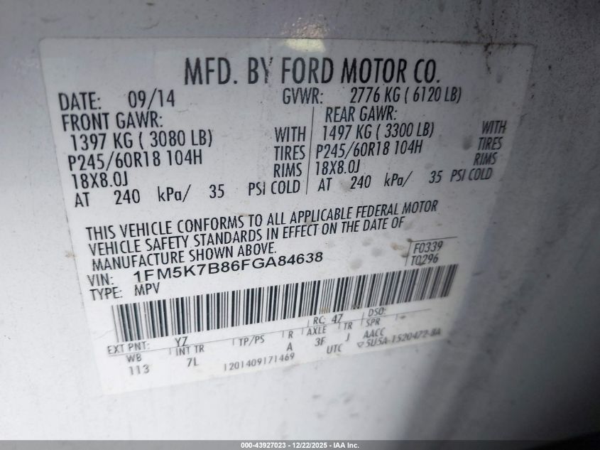 2015 Ford Explorer VIN: 1FM5K7B86FGA84638 Lot: 43927023