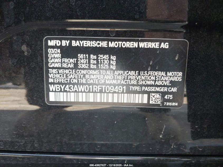 2024 BMW I4 Gran Coupe Edrive35 VIN: WBY43AW01RFT09491 Lot: 43927027