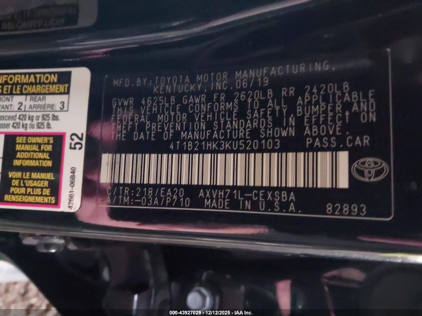 2019 Toyota Camry Hybrid Se VIN: 4T1B21HK3KU520103 Lot: 43927029