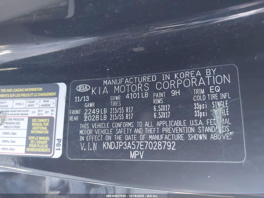 2014 Kia Soul + VIN: KNDJP3A57E7028792 Lot: 43927030